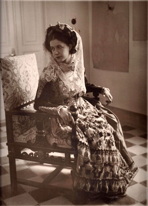 Portrait of Maria Hatzanesti-Pesmazoglou in the traditional costume of Corfu.  From the 1920s.  Alekos Levidis Archive.
