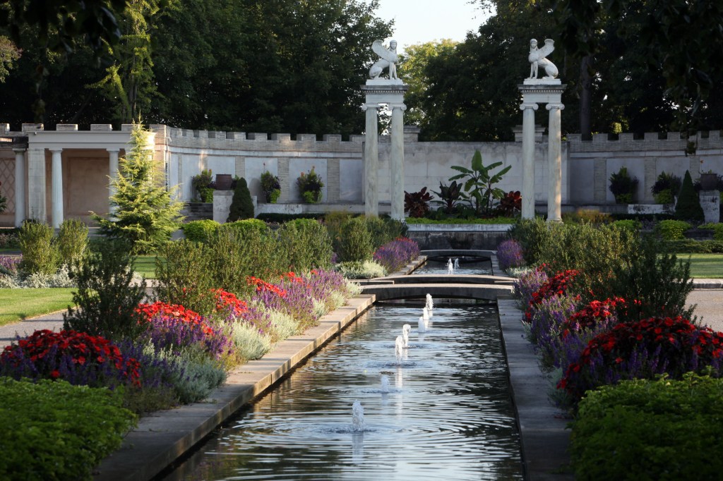 The Untermyer Gardens after their recent restoration. The two sphinxes a the back were also made by Manship (ca. 1908-1912).