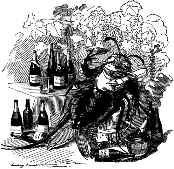 Cartoon from Punch magazine (1890) with Phylloxera feasting with French wines