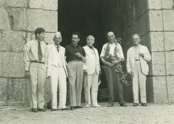 Celebrating Alan Wace's 60th birthday at Mycenae, July 13, 1939. Left to right: Carl Blegen, Konstantinos Kourouniotis, Spyridon Marinatos, Bert H. Hill, Aan Wace, Georg Karo.