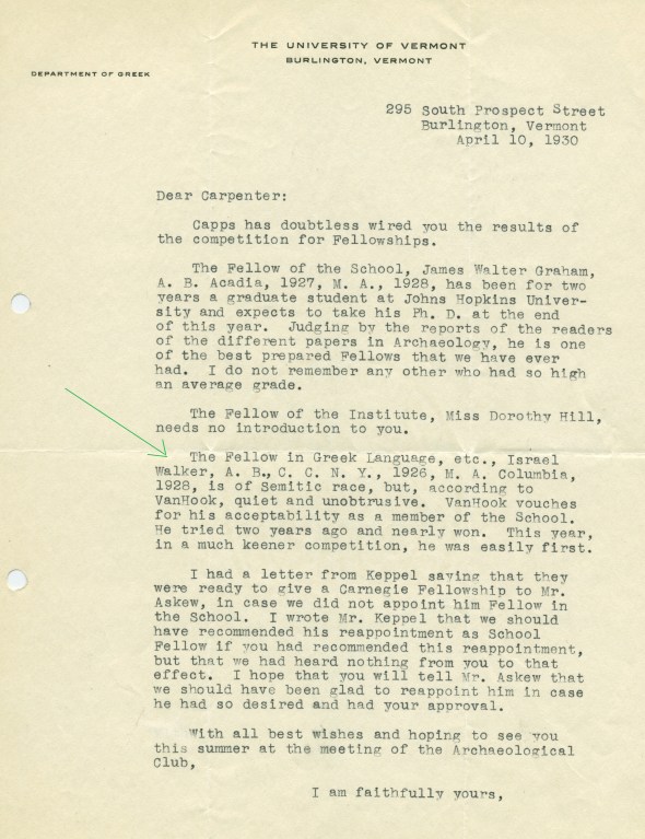 Samuel Bassett to Edward Capps about Israel Walker, April 10, 1930 (ASCSA AdmRec)