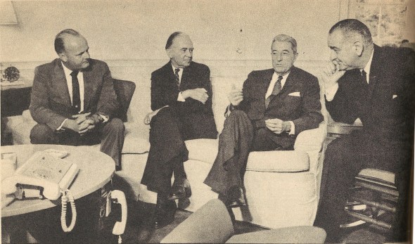 President Lyndon Johnson convening with the U.S. Ambassadors to Cyprus (Taylor Belcher), Turkey (Raymond Hare), and Greece (Henry Labouisse), 1964. From ΕΙΚΟΝΕΣ, issue 25 Sept. 1964, p. 16