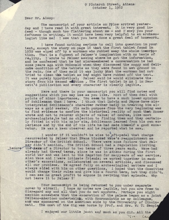 Blegen to Alsop, Oct. 1, 1962