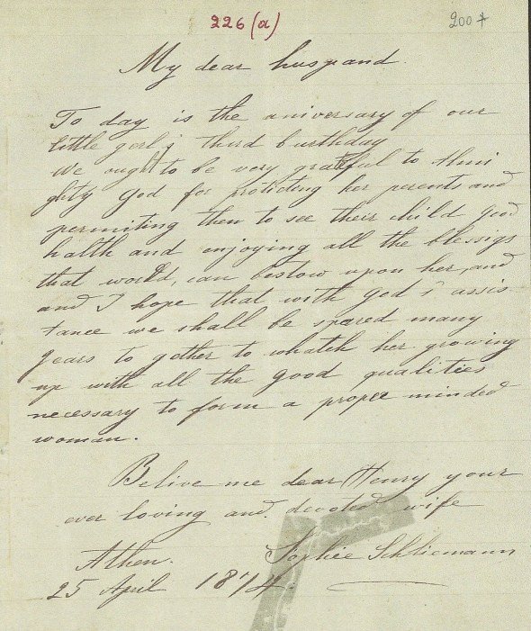 One of Sophia's first English letters to her husband, 1874