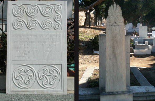 The funerary stelai of Carl and Elizabeth Blegen (left) and Bert and Ida Hill (right) at the Protestant corner of the First Cemetery, Athens. Photo: Natalia Vogeikoff-Brogan, 2012.