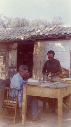 Carl Blegen with his foreman, Nionios Androutsakis, 1966. Photo: ASCSA Archive, Pylos Excavations Archive.