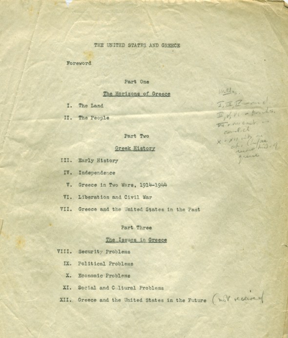 The table of content in Blegen's manuscript "The United States and Greece"