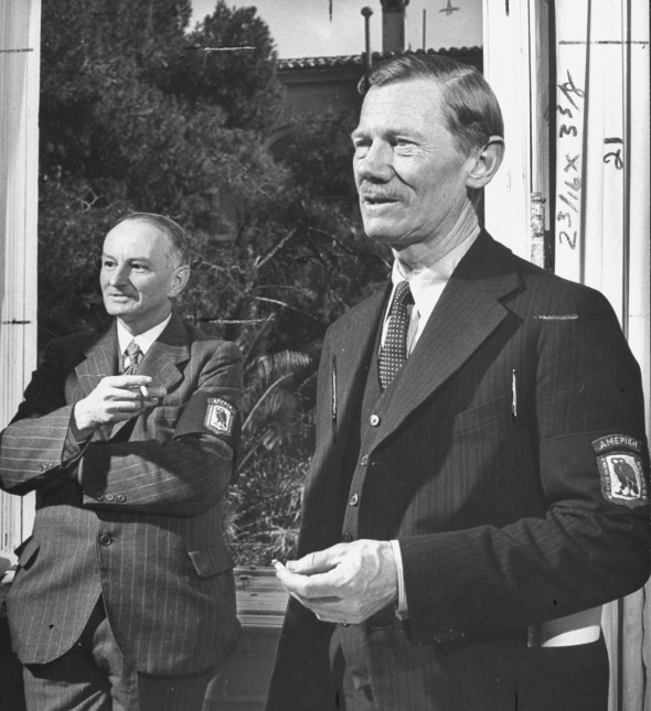 April 1946: US Cultural Relations Attache Carl W. Blegan (R) and J. W. Foster standing in headquarters of the Allied Mission For Observing Greek Elections (AMFOGE). (Photo by Nat Farbman/Time & Life Pictures/Getty Images)