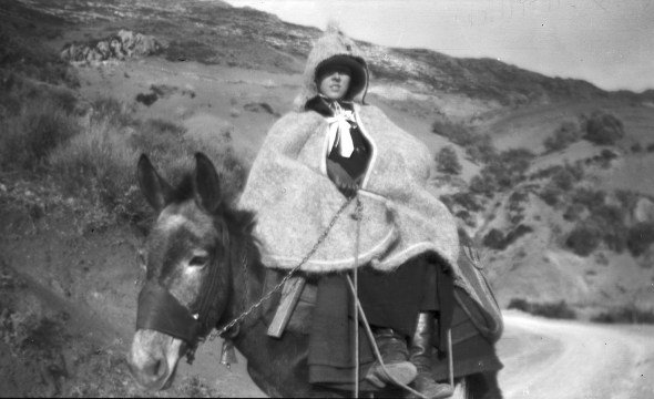 Dorothy Burr with her Vlach cape riding a donkey, 1924. Source: ASCSA, Archives, Dorothy Burr Thompson Photographic Collection