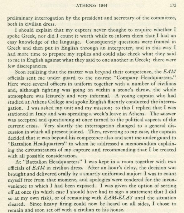 Excerpt from H.A. Thompson's "Athens During the Civil War: 1944," University of Toronto Quarterly, 15:2, 1946, p. 173. ASCSA Archives, Homer A. Thompson Papers.