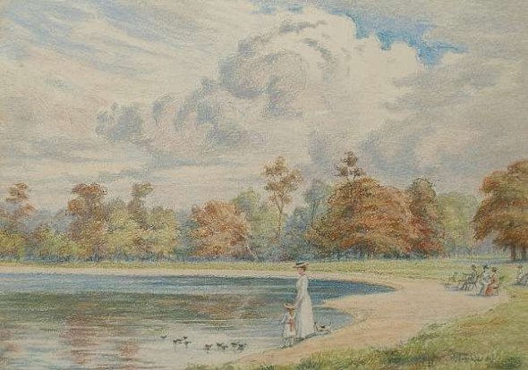 View of Kensington Gardens, ca. 1880-1893. By Florence Laing Kennedy. One of four pastels with the same theme. 