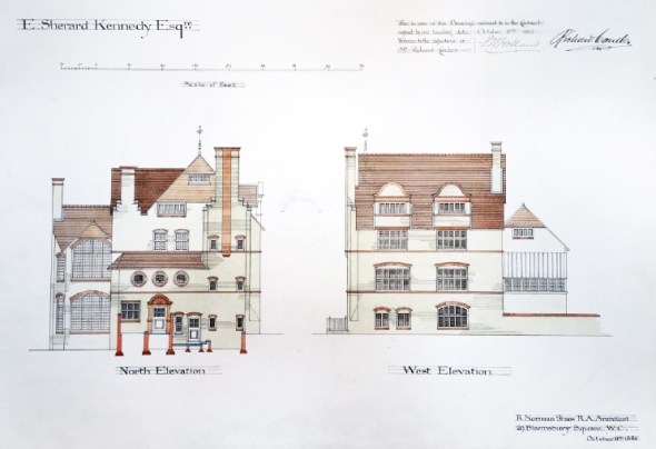North and west elevation of Walton House. By R. Norman Shaw, 1882-1884.