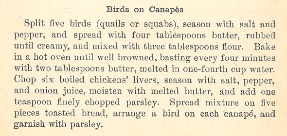 "Birds on Canapes" from Fannie Farmer's Cookbook (1918, p. 375)